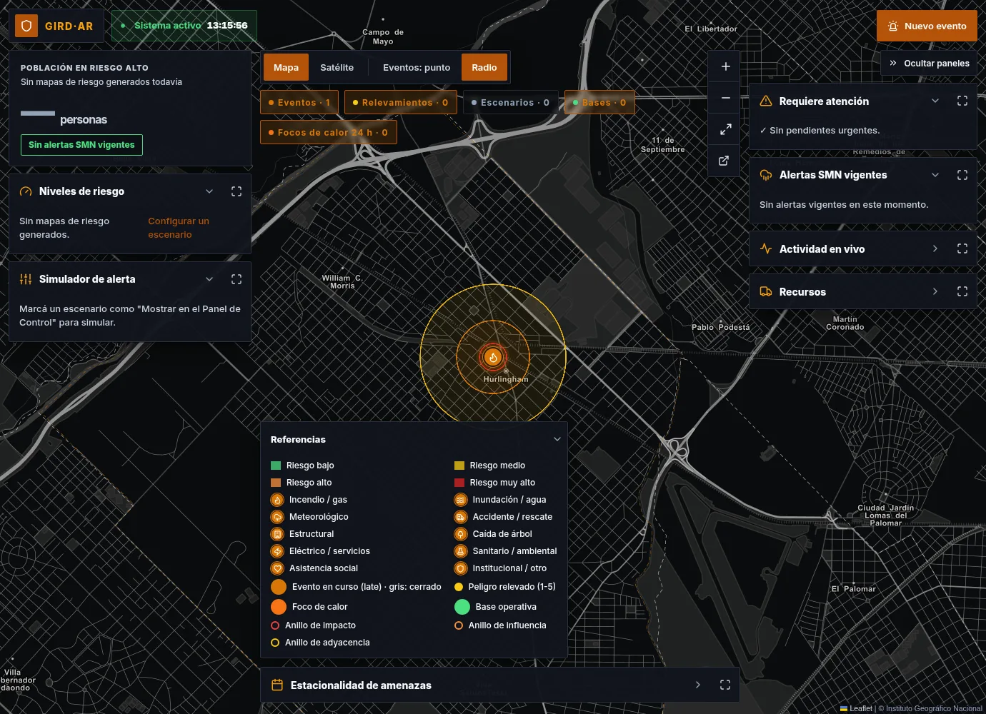 Panel de Control de GIRDAR: un evento en curso con sus anillos de impacto, influencia y adyacencia sobre el mapa